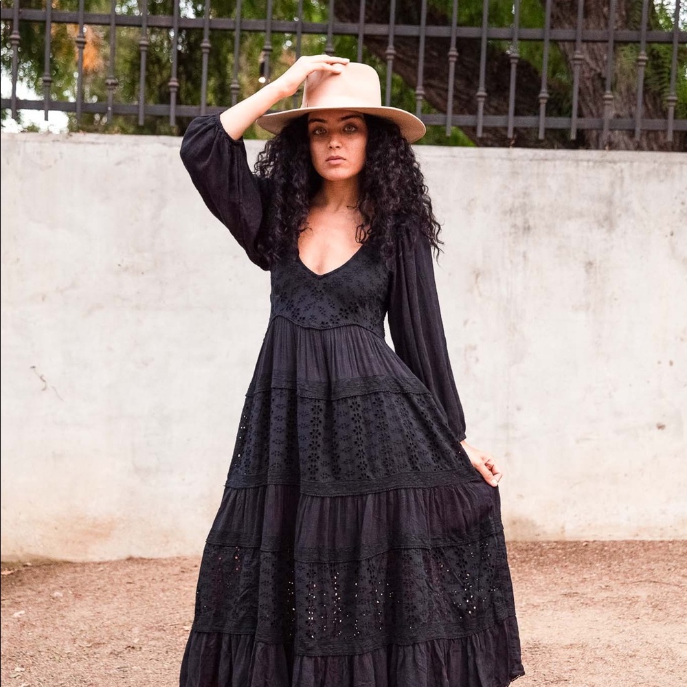 Free People Black Eyelet Tiered Maxi with V-Neck